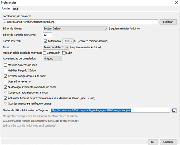 Gestor de URLs preferencias IDE Arduino IoT