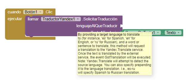 Información de función traducir yandex App Inventor