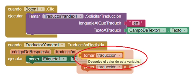 Poner en etiqueta resulta de traducción App Inventor