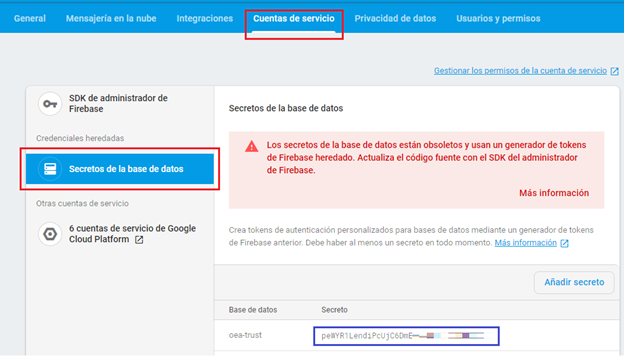 Secreto de la base de datos Firebase