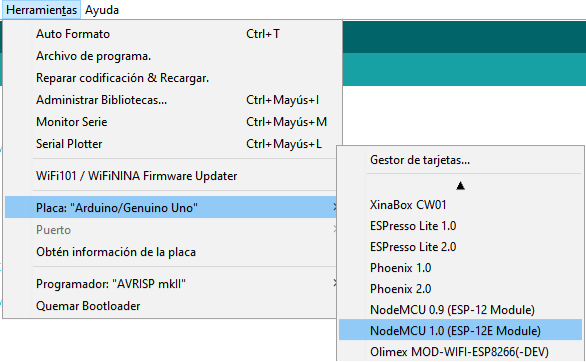 Seleccionar placa ESP12E Nodemcu IDE IoT