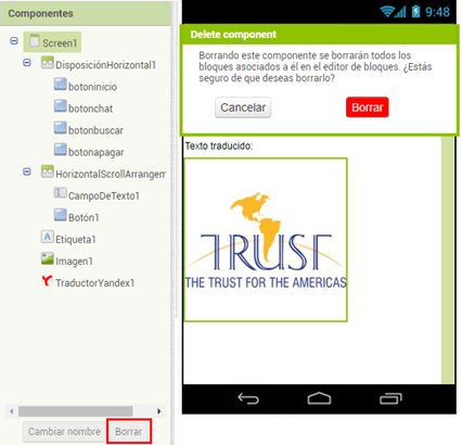Borrar componente App Inventor