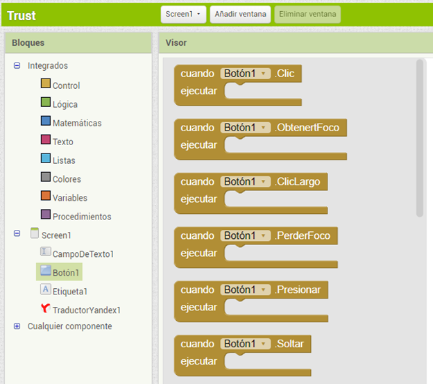 Funciones de un botón App Inventor