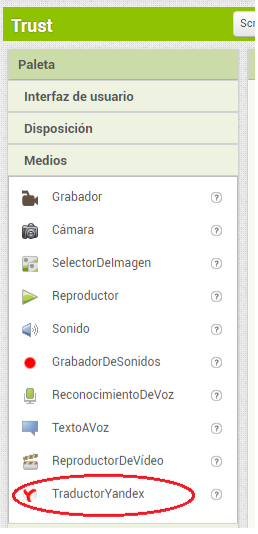 Traductor Yandex de paleta medios App Inventor