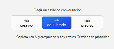 Captura de pantalla de los tonos de chat de Copilot en Windows con el tono "Más equilibrado" seleccionado.