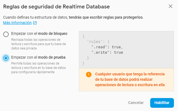 Modo de prueba Firebase Database