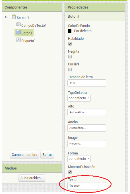 Propiedades de componentes en App Inventor